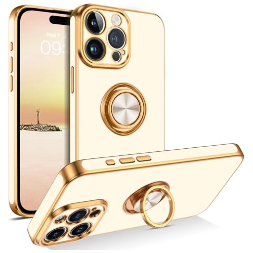 Funda Para iPhone 15 Pro Max Ring 360°  Blanco Dorado