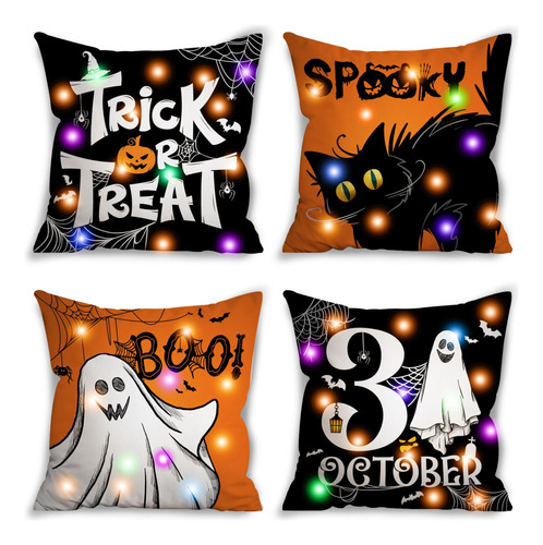 Fundas De Almohada Iluminadas De Gato De Halloween, Decoraci