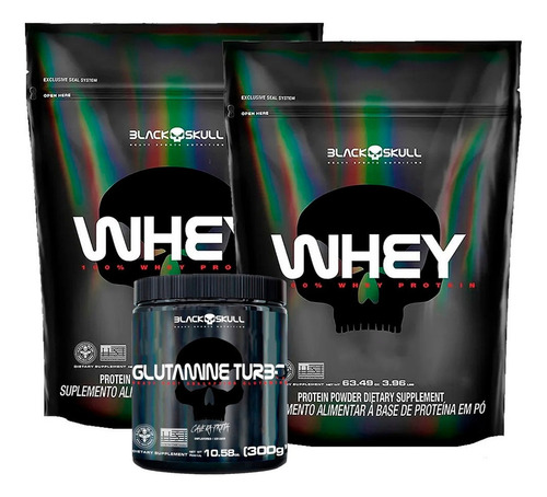 Combo 2x Whey Protein 100% 900g Refil + Glutamina 300g - Caveira Preta Sabor Morango