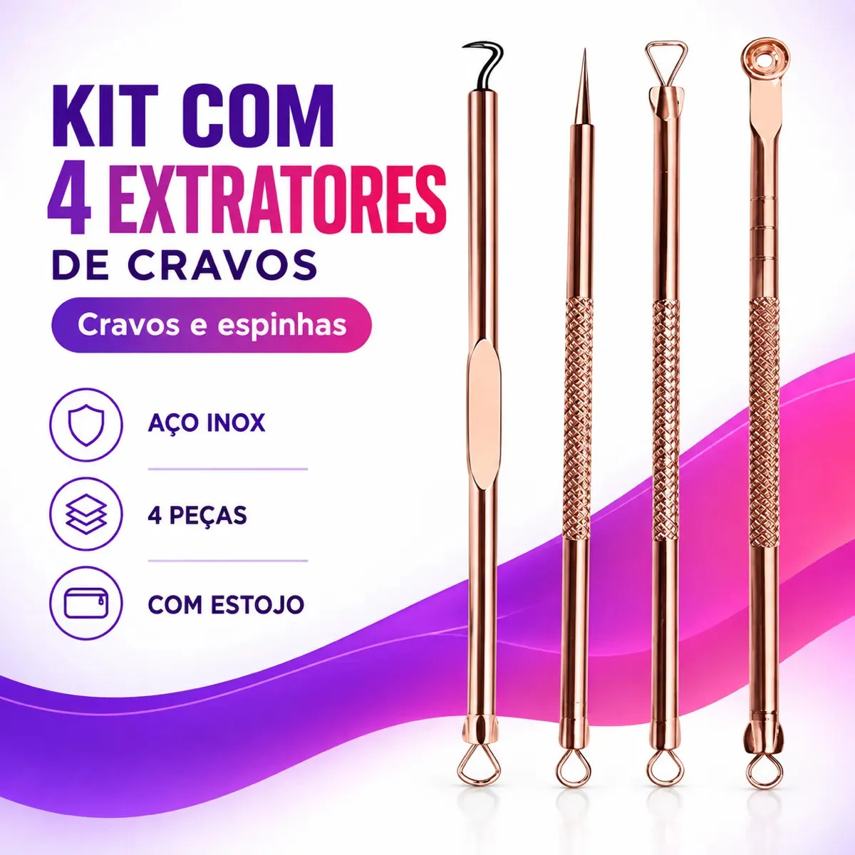 Extrator Removedor De Cravo Espinha Acne Inox 4 Peças Cureta BMED