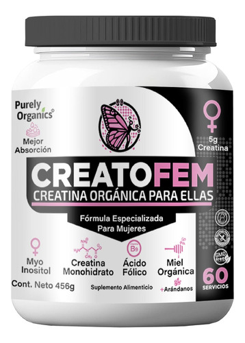CreatoFem Creatina Orgánica Para Mujeres 60 Servicios. Sabor Arandano-miel. Purely Organics.