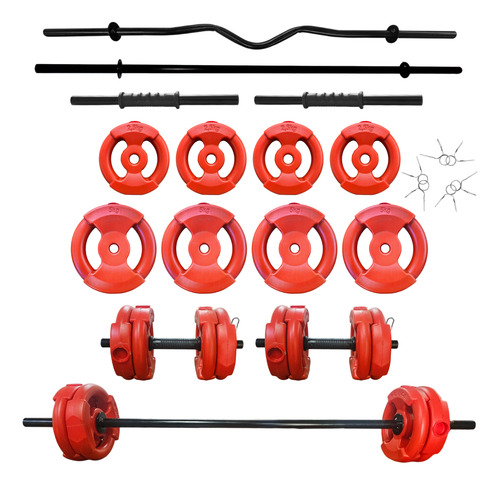 Kit De Barras + Mancuernas + 30 Kg. De Discos Con Manijas Color Rojo