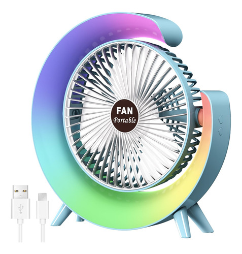 5 Inch Personal Desk Fan With Led Light,3 Speeds Portable T.