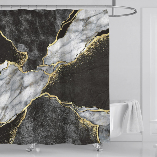 Zt Cortina De Baño Abstracta De Mármol A Rayas Doradas Con