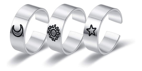 Set Tres Anillos Unisex Estrella Sol Luna Joya Plata 950