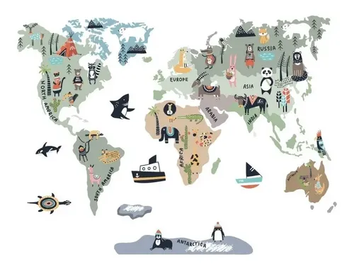 Vinil Decorativo Mapa Infantil Mapamundi Con Animales Color Multicolor ...