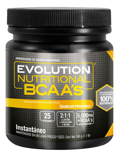 Evolution nutritional Bcaas - Aminoácidos (leucina:isoleucina:valina ) De 500 G Sabor Mango