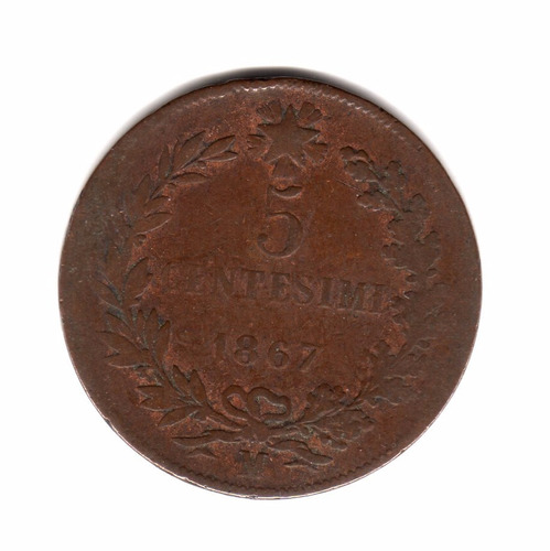 Moneda Italia Reino 5 Centesimi 1867 M Vittorio Em Ii Km#3.2