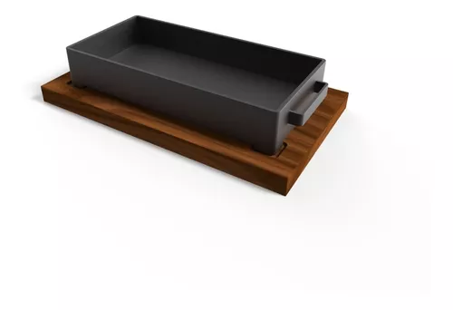 Plancha rectangular de hierro fun. con asa y base de madera