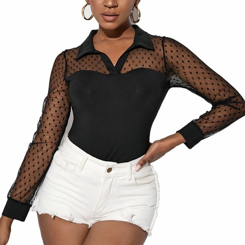 Blusa Negra Elegante Con Mangas Y Estampado De Lunares Sexy