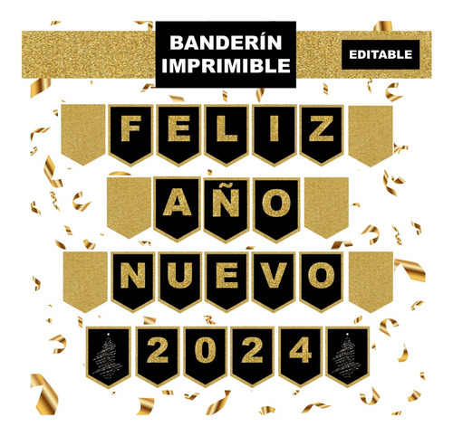 Banderín Imprimible Feliz Año Nuevo Editable + Pdf