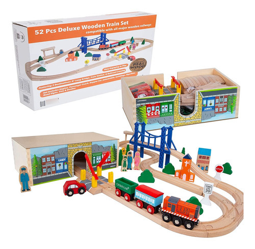 Orbrium Toys Juego De Tren De Madera De Lujo De 52 Piezas Co