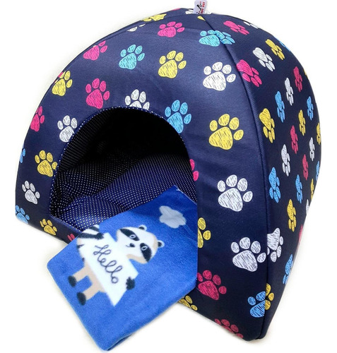 Cama Cachorro Gato Toca Iglu 55x55x48 Com Manta Patinha Azul