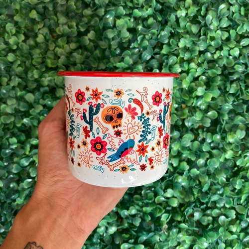 Imagen 2 de 4 de Taza Peltre Calavera Nopal Diseño Mexicano