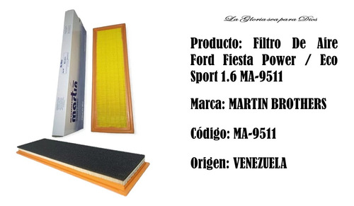 Filtro De Aire Para Ford Fiesta Power 1.6 Ma-9511