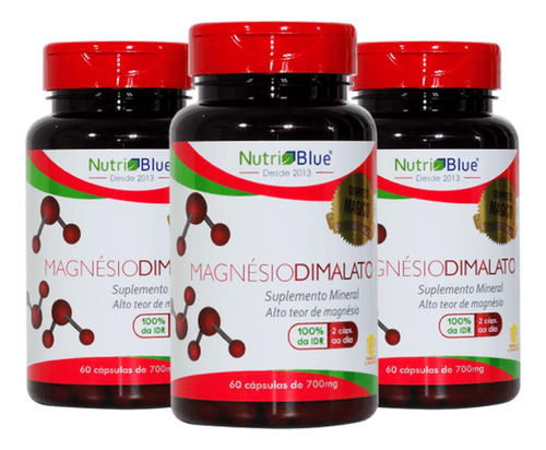 Kit 3 Unidades Do Magnésio Dimalato Puro Original Nutriblue