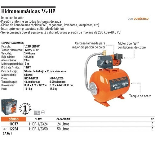 Imagen 2 de 2 de Bomba Hidroneumatica 1/2 Hp 24 Litros Truper 10077 Envio Inmediato!!