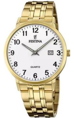 Reloj de pulsera Festina Classics F20513 de cuerpo color dorado, analógico, para hombre, fondo blanco, con correa de acero inoxidable color dorado, agujas color plateado y blanco, dial negro, minutero/segundero negro, bisel color dorado y desplegable