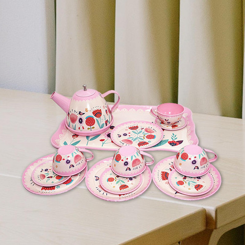 Kids Tea Set Metal Teapot Cups Dishes Afternoon Tea Playset