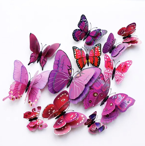 Mariposas Caladas 3d Coloridas 12 Piezas Adhesivo + Iman
