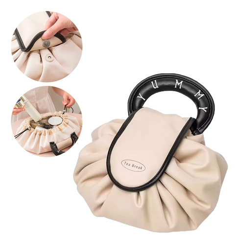 Bolsa Para Maquillaje Plegable Tea Break Diler Neceser De Cosméticos Portátil Elegante Y Práctico, Con Cordón Color Beige Negro