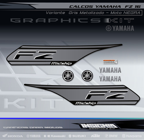 Calcos Yamaha Fz 16 - Variante Gris- Negro- Insignia Calcos