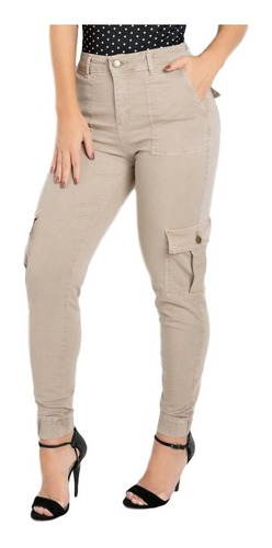 Calça Sawary Feminina Cargo Justa Bege De Ziper Com Bolsos 