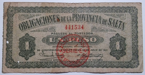 Argentina Obligaciones De La Provincia De Salta Un Peso 1921