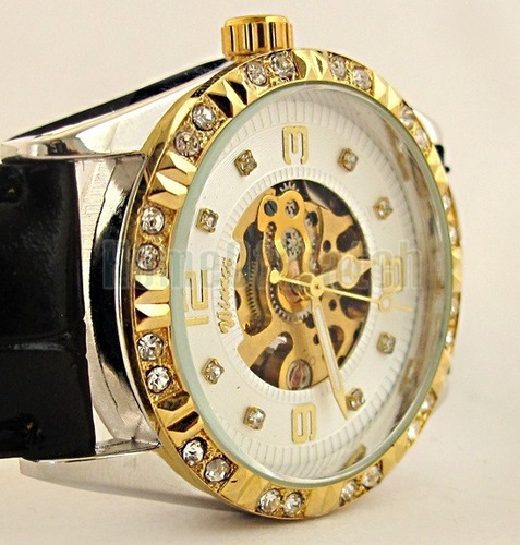 Relógio De Luxo Skeleton Feminino Strass Dourado Winner