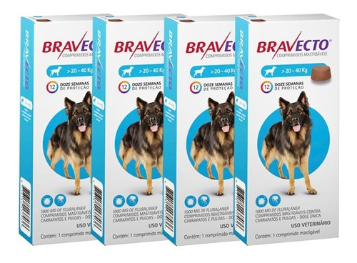 Kit 4x Bravecto Comprimido 1.000 Mg Para Cães De 20 A 40 Kg