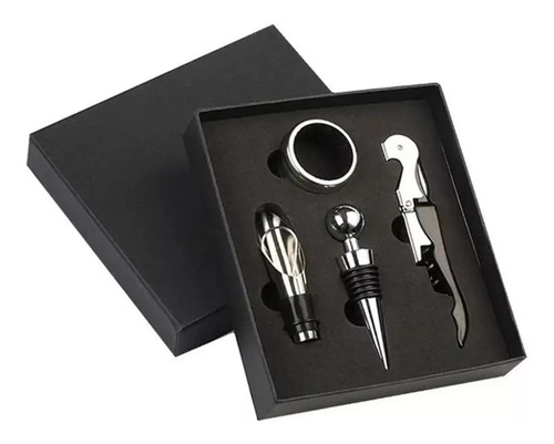 Set De Accesorios Vino En Caja Sacacorcho Anillo Tapon 4 Pzs