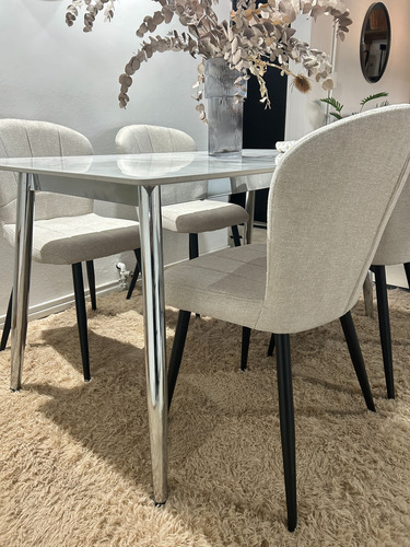 Juego Comedor Bulnes Neolith Cromo 120 + 4 Sillas Panama Beige Chenille