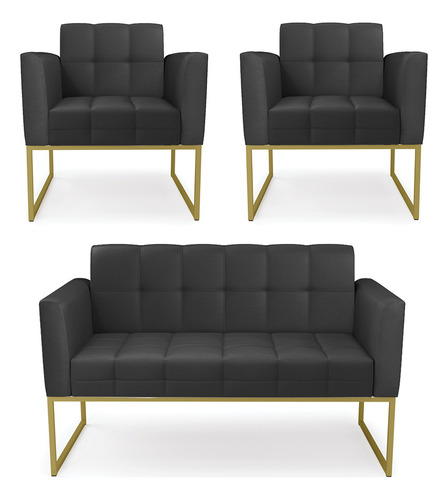 Kit Sofá E 2 Poltronas Elisa Corino Base Industrial Dourado Cor Preto
