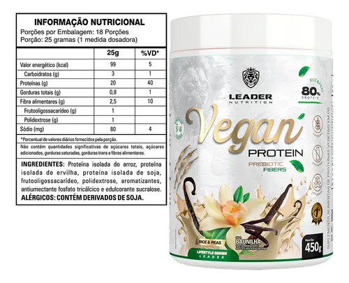 Suplemento em pó Vegan Protein Proteina Vegana Zero Açúcar Sem Lactose  Leader Nutrition Sabor Baunilha 450g