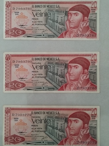 3 Billetes México 20 Pesos 1977 Serie Dd Consecutivos