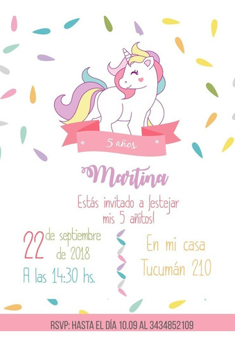 Tarjeta Invitación Unicornio Imprimible Personalizada