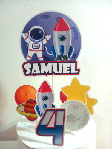 Adorno Para Torta Personalizado Astronauta + 7 Pinches 