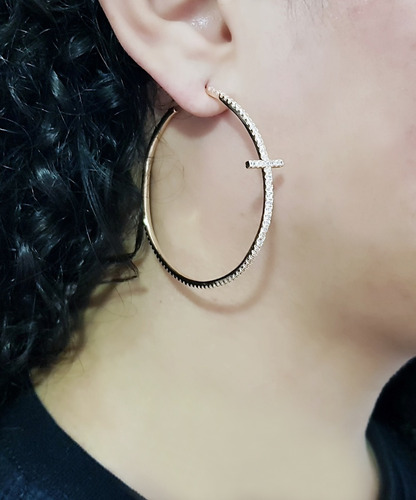 Imagem 2 de 7 de Brinco Feminino Argola Grande Pedra Zirconia Banhado Ouro18k