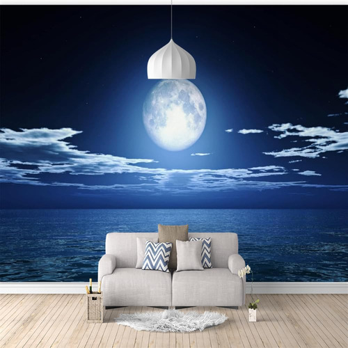 Mural Pared 3d Escena Nocturna Luna Cielo Estrellado Lago Tv