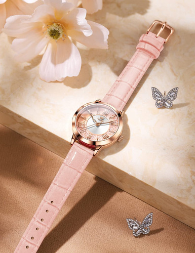 Reloj Olevs/5539 Dorado Para Mujer Con Correa De Cuero Rosa Dorado/rosa Rosa