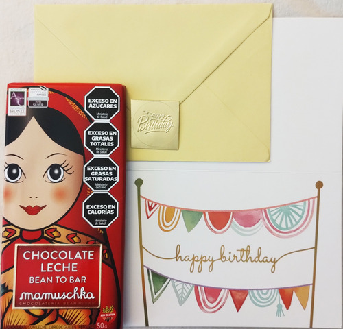 Tarjetas Feliz Cumple + Chocolate Mamuska + Sobre/ Sticker Bordó