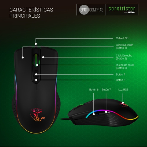 Imagen 5 de 10 de Mouse De Juego Aiwa Constrictor Rgb 7 Botones 3200 Dpi
