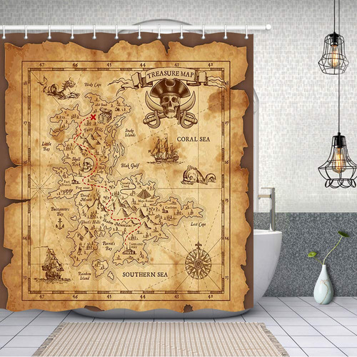 Cortina Baño Diseño Mapa Nautico Estilo Vintage 69x70  Tela