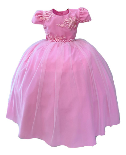 Vestido Infantil Rosa Daminhas Longos Festas Luxo