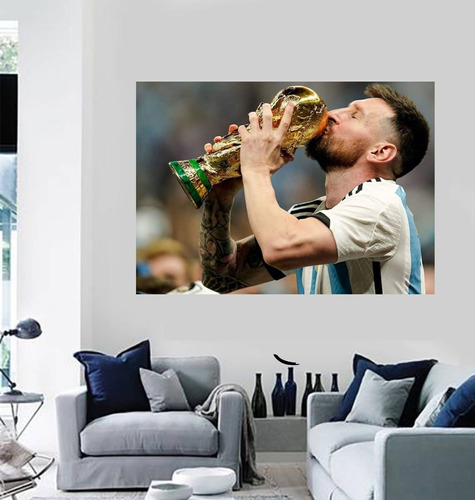 Vinilo Mural Pared Autoadhesivo-messi Besando Copa Del Mundo