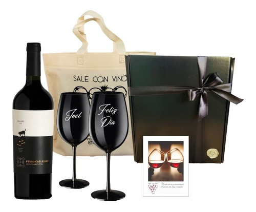 Regalo Caja Vino 2 Copas Negras Perro Callejero Blend Malbec