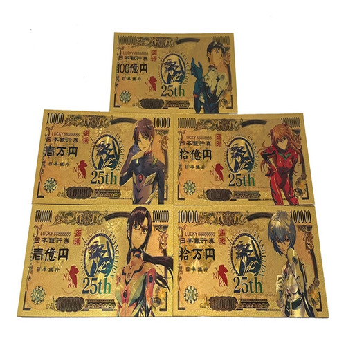 Neon Genesis Evangelion Set 5 Billetes Yen Dorados Rei Asuka