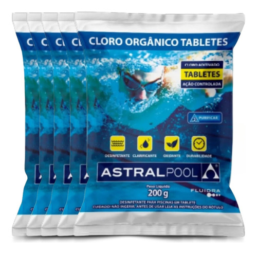 Kit 5 Pastilhas Tabletes Cloro Piscina 200g 5 Em 1 Multiação