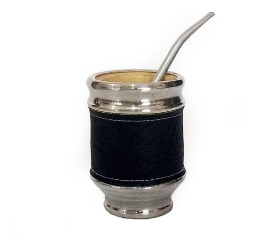 Imagen 2 de 8 de Equipo De Mate Completo Liso Negro Cuero Madera