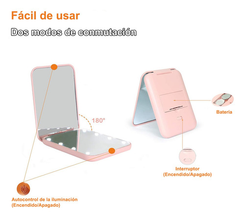 Espejo De Bolsillo, 1x/2x Aumento Led Espejo Compacto,